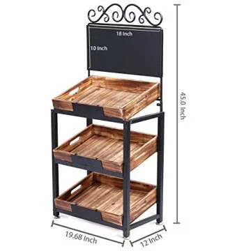 MyGift Vintage Metal Freestanding Fruit and Produce Stand with 3 Tiered Burnt Wood Tray Display Shelf and Decorative Chalkboard Signs