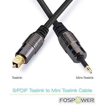 FosPower (3ft 24K Gold Plated Toslink to Mini Toslink Digital Optical S/PDIF Audio Cable with Metal Connectors & Strain-Relief PVC Jacket