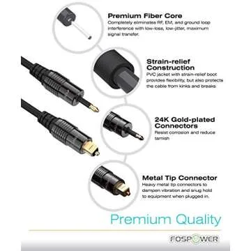 FosPower (3ft 24K Gold Plated Toslink to Mini Toslink Digital Optical S/PDIF Audio Cable with Metal Connectors & Strain-Relief PVC Jacket