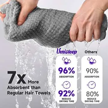 Umisleep Extra Large Microfiber Hair Towel for Women Long, Curly, Thick Hair, Super Soft Anti Frizz Quick Dry Hair Towel Wrap, Ultra Absorbent Hair Turban with Elastic Band Grey