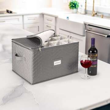 Sorbus Stemware Storage Chest - Deluxe Quilted Case with Dividers - Service for 12 - Great for Protecting or Transporting Wine Glasses, Champagne Flutes, Goblets, and more (Storage Glass - Gray)