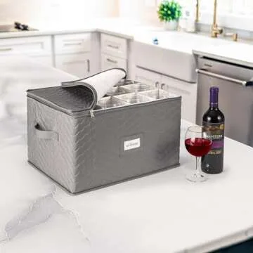Sorbus Stemware Storage Chest - Deluxe Quilted Case with Dividers - Service for 12 - Great for Protecting or Transporting Wine Glasses, Champagne Flutes, Goblets, and more (Storage Glass - Gray)