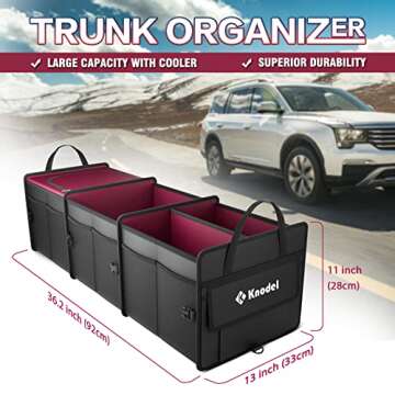 K KNODEL Sturdy Car Trunk Organizer with Premium Insulation Cooler Bag, Heavy Duty Collapsible Trunk Storage Organizer for Car, SUV, Truck, or Van (3 Compartments, Red)