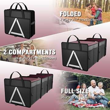 K KNODEL Sturdy Car Trunk Organizer with Premium Insulation Cooler Bag, Heavy Duty Collapsible Trunk Storage Organizer for Car, SUV, Truck, or Van (3 Compartments, Red)