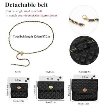 YAMEIZE PU Leather Chain Belt Bag for Women - Crossbody Waist Bag Fanny Pack Detachable Belt Chain Women Evening Mini Handbag