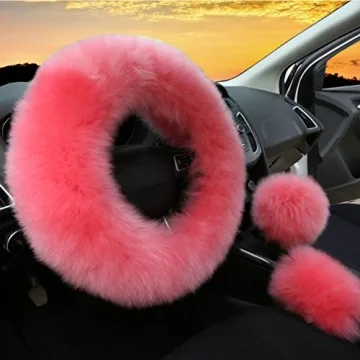 3Pcs Set Womens Winter Fashion Wool Fur Soft Furry Steering Wheel Covers Pink Fluffy Handbrake Cover...