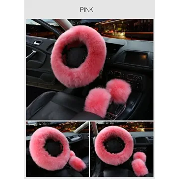 Soft Pink Wool Fur Steering Wheel Cover Set for Women