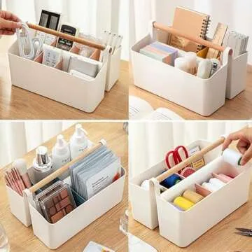 Large Plastic Art Caddy with Handle, Art Supply Storage Organizer with Adjustable Dividers, Portable Storage Bin for Marker Organizer Craft Supplies Colored Pencils Makeup Pen Holder for Desk