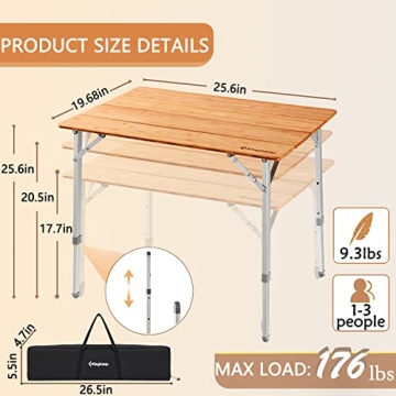 KingCamp Lightweight Stable Folding Camping Table Bamboo Outdoor Folding Tables Adjustable Height Portable Picnic