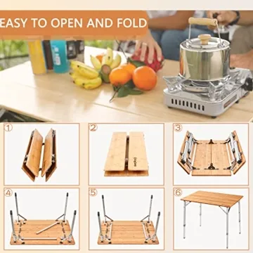 KingCamp Lightweight Stable Folding Camping Table Bamboo Outdoor Folding Tables Adjustable Height Portable Picnic