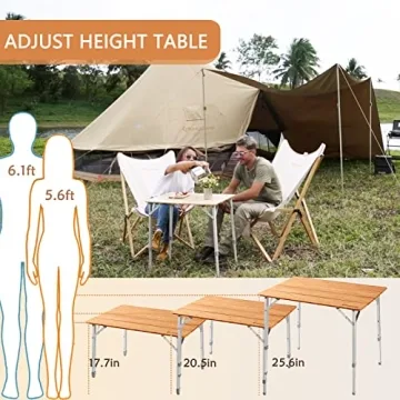 KingCamp Lightweight Stable Folding Camping Table Bamboo Outdoor Folding Tables Adjustable Height Portable Picnic