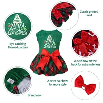 CuteBone Christmas Tree Velvet Dress for Small Dogs - Adorable Green Plaid