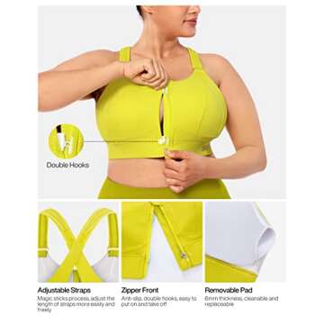 VFUS Zip Front Adjustable High Impact Sports Bras for Women Large Breasts Full Coverage Workout Running Removable Pads (Large, Highlight Yellow)