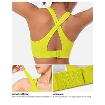 VFUS Zip Front Adjustable High Impact Sports Bras for Women Large Breasts Full Coverage Workout Running Removable Pads (Large, Highlight Yellow)