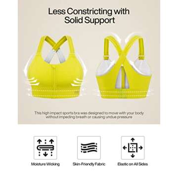 VFUS Zip Front Adjustable High Impact Sports Bras for Women Large Breasts Full Coverage Workout Running Removable Pads (Large, Highlight Yellow)