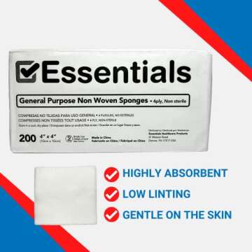 Essentials Non-Sterile Gauze Sponges – 200 Count, 4-Ply, 4’’ x 4’’ Gauze Pads, One Package, Non-Woven Gauze Sponges, Wound Care Product for First Aid Kit/Medical Facilities