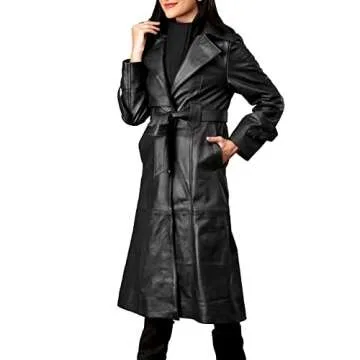 JILDISH Women's Fine Grain Leather Trench Coat - Ladies Black Lambskin Long Leather Over Coat with Belt (as1, alpha, s, regular, regular, Black Leather)