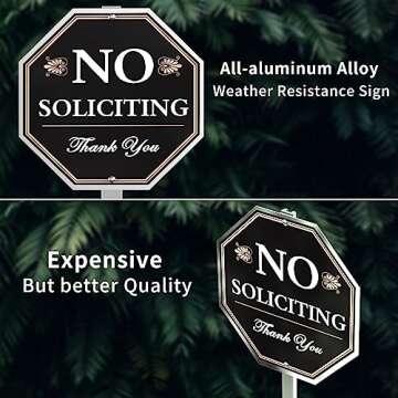 No Soliciting Sign For House - 10"x10" Aluminum Heavy Duty Weather Resistant With 28" high Stake, Contains Self-Adhesive No Soliciting Signs For Home Black