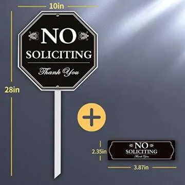 No Soliciting Sign For House - 10"x10" Aluminum Heavy Duty Weather Resistant With 28" high Stake, Contains Self-Adhesive No Soliciting Signs For Home Black
