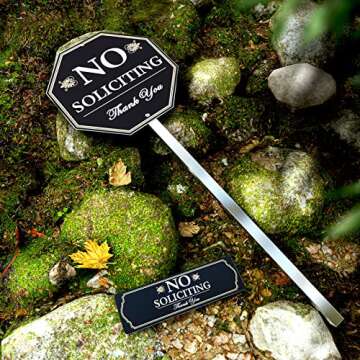 No Soliciting Sign For House - 10"x10" Aluminum Heavy Duty Weather Resistant With 28" high Stake, Contains Self-Adhesive No Soliciting Signs For Home Black