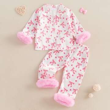 Kavousa Toddler Baby Girl Valentines Day Pajamas Heart&Bow Print Button Down Shirt + Pants Little Ki...