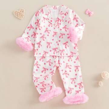 Kavousa Toddler Baby Girl Valentines Day Pajamas Heart&Bow Print Button Down Shirt + Pants Little Kids Girls Silk Pajama Set (Little Heart&Bow Pink, 3-4 Years)