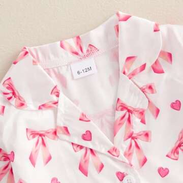 Kavousa Toddler Baby Girl Valentines Day Pajamas Heart&Bow Print Button Down Shirt + Pants Little Kids Girls Silk Pajama Set (Little Heart&Bow Pink, 3-4 Years)