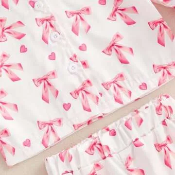 Kavousa Toddler Baby Girl Valentines Day Pajamas Heart&Bow Print Button Down Shirt + Pants Little Kids Girls Silk Pajama Set (Little Heart&Bow Pink, 3-4 Years)