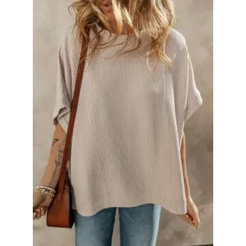 Dokotoo Womens Juniors Spring Summer Tops for Women 2025 Fashion Crew Neck T-Shirts Off Shoulder Short Sleeve Texture Waffle Knit Tunic Tops Loose Tee Shirts Apricot Medium