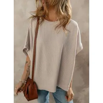 Dokotoo Womens Juniors Spring Summer Tops for Women 2025 Fashion Crew Neck T-Shirts Off Shoulder Short Sleeve Texture Waffle Knit Tunic Tops Loose Tee Shirts Apricot Medium