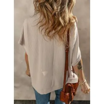 Dokotoo Womens Juniors Spring Summer Tops for Women 2025 Fashion Crew Neck T-Shirts Off Shoulder Short Sleeve Texture Waffle Knit Tunic Tops Loose Tee Shirts Apricot Medium