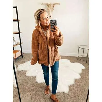 ECOWISH Women Jacket Winter Coat - 2023 Fur Fleece Long Sleeve Sherpa Faux Fuzzy Fall Teddy Fluffy Zip Lapel Outfits Camel Medium