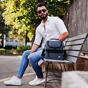 MIER 2 Compartment Lunch Bag for Men Women, Leakproof Insulated Cooler Bag for Work, Bluesteel, Medium