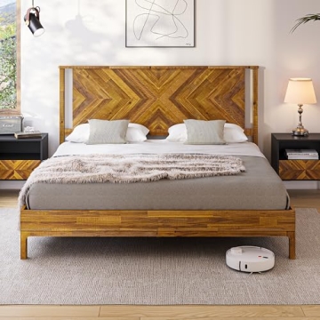 Bme Vivian 14 Inch Deluxe Bed Frame with Headboard, Rustic & Scandinavian Style with Solid Acacia Wo...
