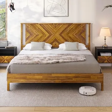 Bme Vivian 14 Inch Deluxe Bed Frame with Headboard - Rustic Golden Brown, Solid Acacia Wood