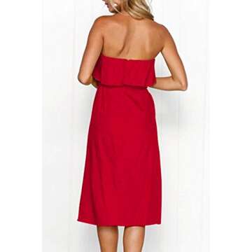 ioiom Women Wedding Party Midi Dress Elegant Off The Shoulder Ruffle Button Up Front High Waist Under Knee Casual Dress with Pocket Red S