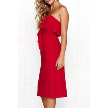 ioiom Women Wedding Party Midi Dress Elegant Off The Shoulder Ruffle Button Up Front High Waist Under Knee Casual Dress with Pocket Red S