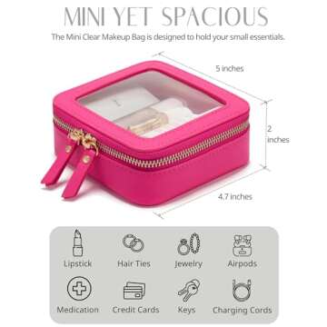 Mini Makeup Bag Clear Small Travel Cosmetic Case Leather Cute Hot Pink Pouch for Purse Organizer Make Up Bag for Women Car Toiletry Bag with Zipper for School