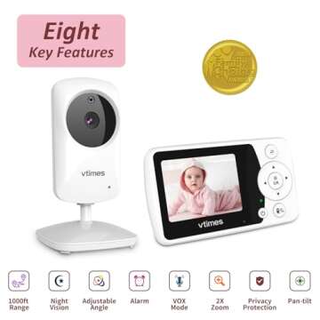 VTimes Video Baby Monitor with Camera and Audio No WiFi 2.4" Screen, Portable Baby Camera, Baby Came...