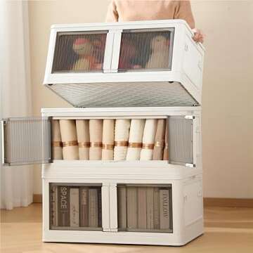 Juoe 3Pcs Storage Bins with Lids,Plastic Stackable Storage Bins Open Front/Side/Top,Collapsible Stor...