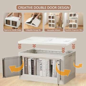 Juoe 3Pcs Storage Bins with Lids,Plastic Stackable Storage Bins Open Front/Side/Top,Collapsible Storage Cabinet with Wheels for Closet Shelf,Room,Bedroom,Office,Home,Dorm,Toy