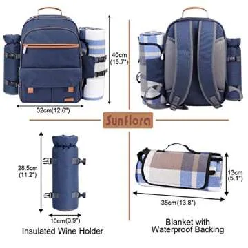 Sunflora Picnic Backpack for 4 Person with Blanket Picnic Basket Set for 2 with Insulated Cooler Wine Pouch for Family Couples (Navy Blue)
