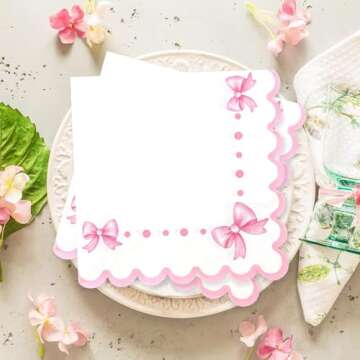 Pink Bow Napkins 6.5" 3-Ply 60pcs Scalloped Cocktail Paper Napkins for Women Coquette Birthday Déco...