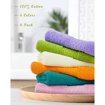 Cleanbear Cotton Wash Cloths Soft Washcloths with 6 Colors for Body and Face, 13 by 13 Inches Large Bathroom Washcloth Set Highly Absorbent Fade Resistant Face Cloths