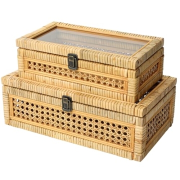 DECOR4SEASON Rattan and Cane Stacking Boxes with Glass Top Lid - Set of 2 for Boho, and Rustic Farmhouse Decor