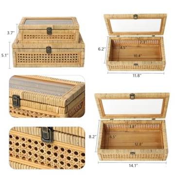 DECOR4SEASON Rattan and Cane Stacking Boxes with Glass Top Lid - Set of 2 for Boho, and Rustic Farmhouse Decor
