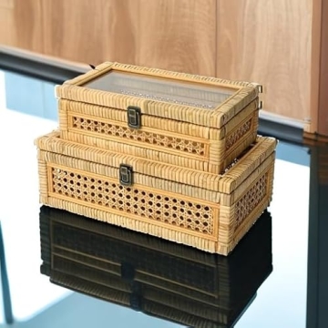 DECOR4SEASON Rattan and Cane Stacking Boxes with Glass Top Lid - Set of 2 for Boho, and Rustic Farmhouse Decor