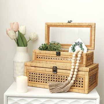 DECOR4SEASON Rattan and Cane Stacking Boxes with Glass Top Lid - Set of 2 for Boho, and Rustic Farmhouse Decor