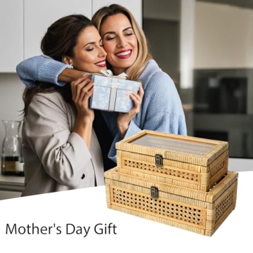 DECOR4SEASON Rattan and Cane Stacking Boxes with Glass Top Lid - Set of 2 for Boho, and Rustic Farmhouse Decor