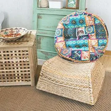 FAMIFIRST Meditation Yoga Floor Cushion Tufted Printed Thick Cotton Linen Square Solid Floor Pillow for Living Room Bedroom Balcony Office Outdoor, 23x23 Inch, Vintage Style